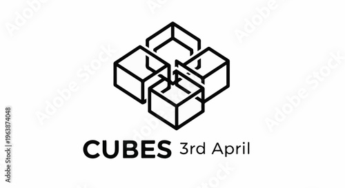 Abstract black line art of four interconnected cubes with text