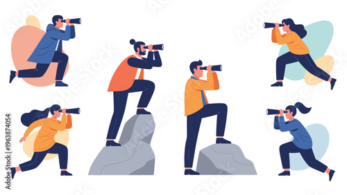 Group of explorers and researchers looking through binoculars from various vantage points including rocks and hills.