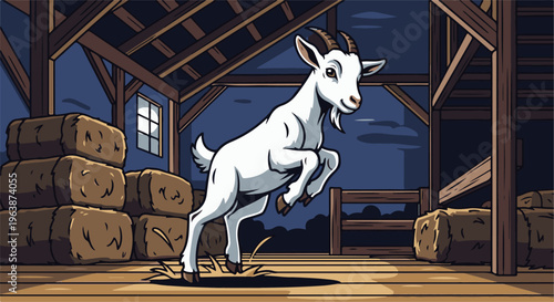 A lively white goat leaps joyfully inside a rustic barn at dusk