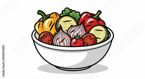 A vibrant bowl filled with colorful, sliced vegetables including tomatoes, onions, peppers, and cucumbers