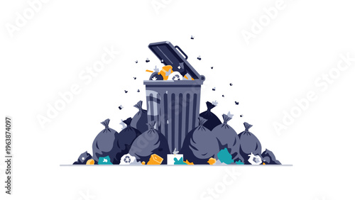 Overfilled garbage bin surrounded by numerous black trash bags and buzzing flies as a symbolic image of waste management.