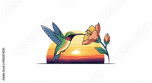A vibrant hummingbird sips nectar from a bright flower at sunset
