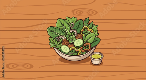 A vibrant, illustrated bowl of fresh salad sits on a wooden table surface