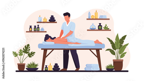 Professional massage therapist giving a relaxing back treatment to a woman in a tranquil spa environment with oils.