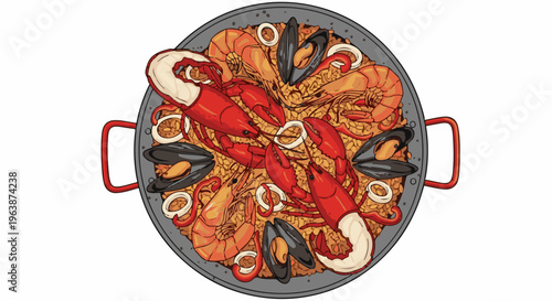 A vibrant illustration of a seafood paella dish, garnished with lobster and mussels