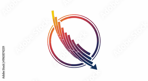 Abstract circular graph with downward trending bars and an arrow