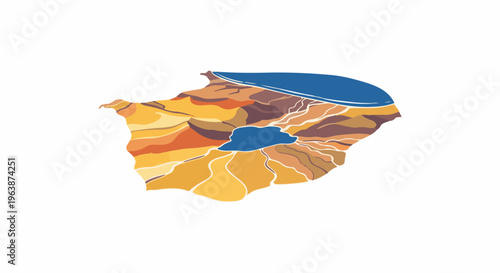 Abstract topographic landscape with blue lake and river