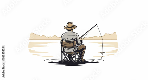 A lone angler in a hat sits on a portable chair by a tranquil lake, fishing