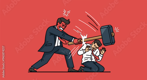 Angry man in suit hits another man kneeling with a large hammer