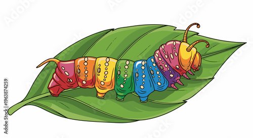 A vibrant, multi-colored caterpillar rests on a lush green leaf