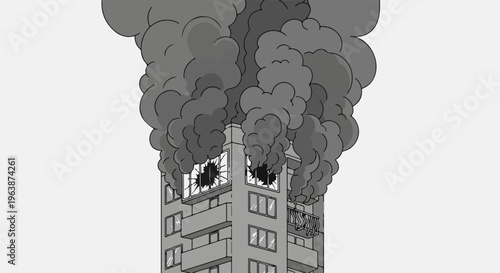 Animated building engulfed in dark smoke plumes, windows shattered
