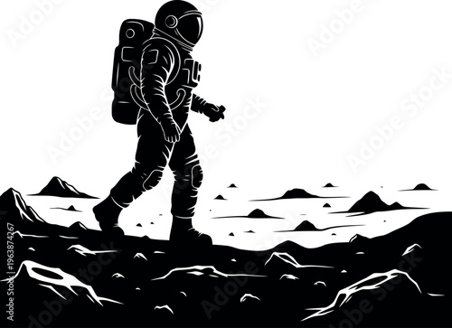 Astronaut walking on rugged extraterrestrial terrain with space suit