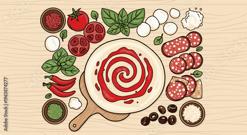 A vibrant overhead view of pizza ingredients arranged on a wooden surface