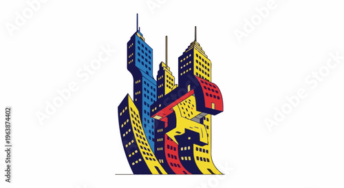 Abstract depiction of colorful, leaning skyscrapers against a white background