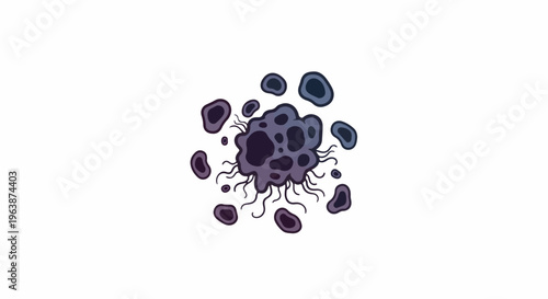 Abstract dark purple and blue amorphous blob with tendrils and particles