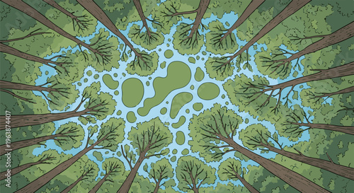 A vibrant, stylized illustration of trees viewed from below, looking up