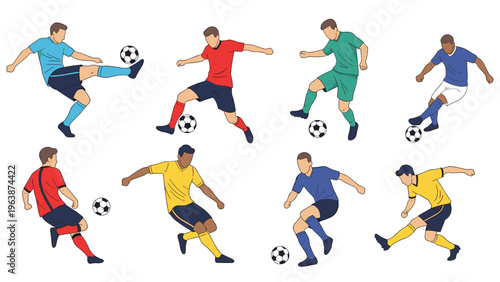 Dynamic collection of soccer players in various athletic poses kicking balls and making shots during a competitive game.