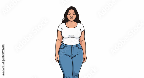 Animated woman in white t-shirt and blue jeans, smiling