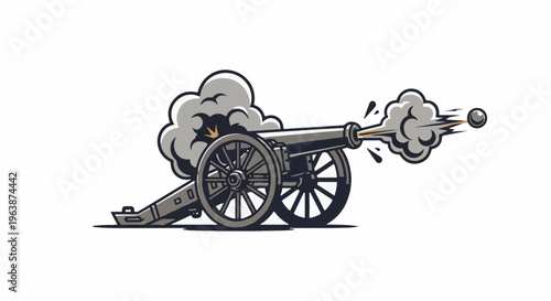 A vintage cannon fires a projectile, emitting a trail of smoke and sparks