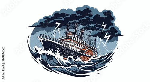 A vintage paddlewheel steamship navigates rough seas during a stormy night