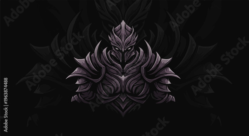 A dark, menacing figure in ornate, pixelated armor, illuminated by glowing eyes