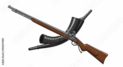 Antique rifle and powder horns displayed against a white backdrop
