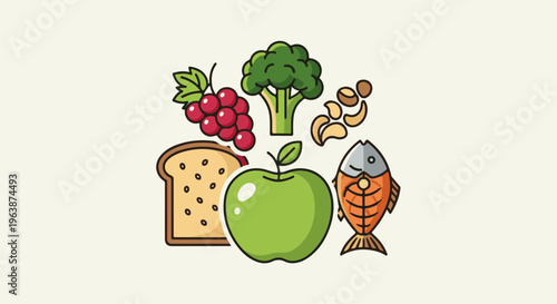 A visually appealing arrangement of healthy food icons on a plain background