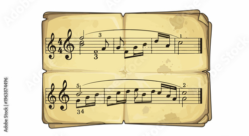 Antique sheet music, aged parchment, musical notation, treble clefs, time signatures
