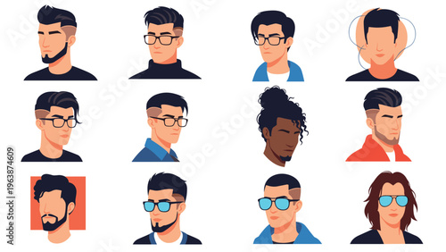 Variety of male avatars featuring different hairstyles beards and glasses to represent diversity in character design.