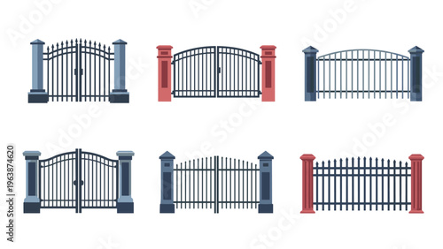 Selection of classic and modern iron gate designs with stone pillars suitable for a residential or garden entrance.