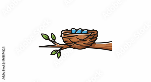 A whimsical cartoon bird's nest with three blue eggs on a branch