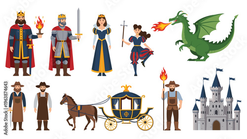 Epic collection of fairytale characters including a king queen knight princess blacksmith and a fire breathing dragon.