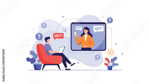 Man sitting in a chair using his laptop to participate in an online video call with a female instructor or colleague.