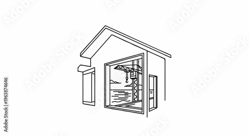 Architectural drawing of a building with a crane visible inside