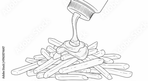 A pile of french fries receives a dollop of sauce from a squeeze bottle
