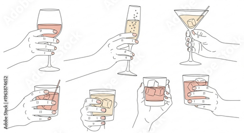 Collection of hands holding various alcoholic drinks minimalist line art illustration for celebration and social events isolated on white background