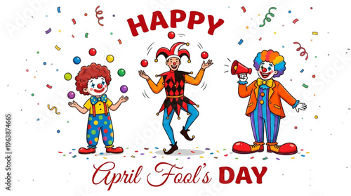Jovial Clowns Juggling and Entertaining for April Fools Day Celebrations and Festive Marketing Campaigns