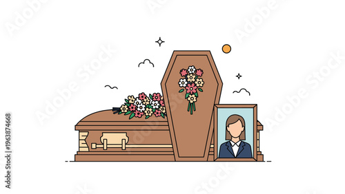 Solemn funeral scene featuring a closed wooden coffin decorated with flowers and a portrait of a deceased woman.