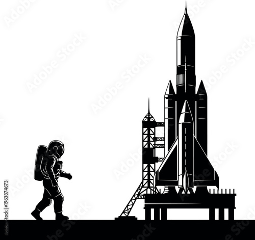 Astronaut walking towards large futuristic rocket launchpad illustration