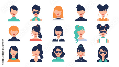 Set of unique female characters showcasing a variety of hair styles sunglasses and outfits in a minimalist flat design.