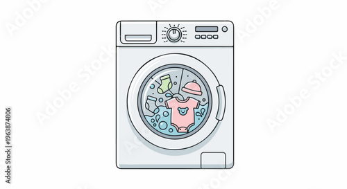 A white washing machine with a transparent door, showing baby clothes inside
