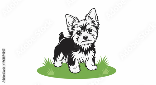 Adorable cartoon terrier puppy sits on a patch of green grass