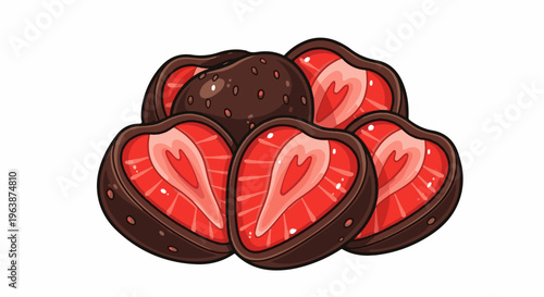 A pile of heart-shaped chocolate-covered strawberry halves
