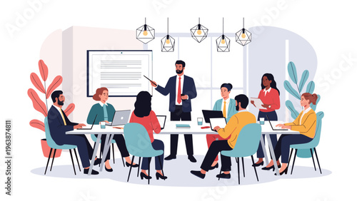 Group of business professionals attending a corporate meeting in a modern office with a speaker giving a talk.