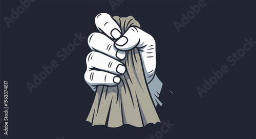 A white-knuckled hand grips a wad of beige fabric against a dark background