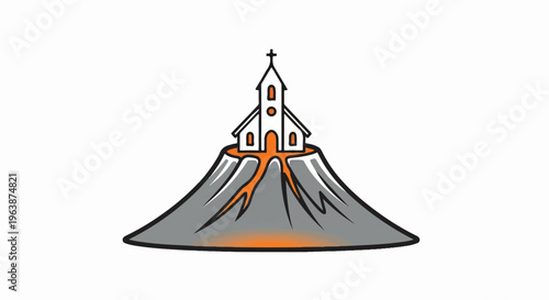 A white church sits atop a volcanic mountain with lava flows