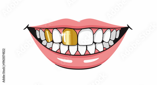 A wide smile reveals a row of white teeth and one golden crown