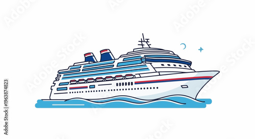 A white cruise ship with blue and red accents sails on calm blue water