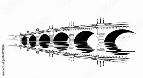 Architectural stone bridge with arched spans over calm water reflecting the structure