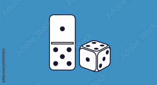 A white domino and a white dice with black dots on a blue background